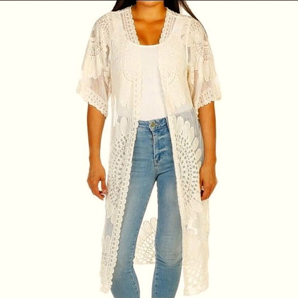 Rebellion Again Medallion beige Lace Duster kimono cover up Size Large